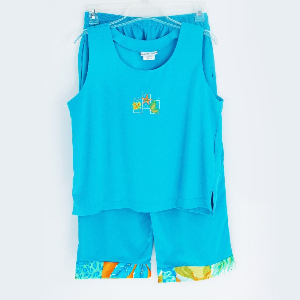 Vintage Draper's and Damon's Tropical Top & Crop Pants Size Med Turquoise